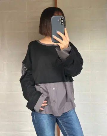 [ 무료배송 ] EMODA 레이어드 오프숄더 티셔츠 블랙 그레이