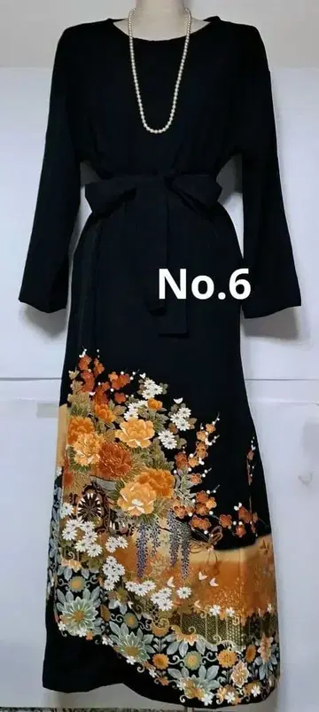 블랙 전통 예복 기모노 리메이크 꽃무늬 자수 롱 원피스 드레스