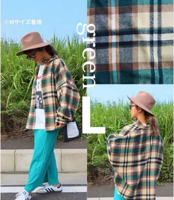 시마무라 nozomi 체크 셔츠 그린 L 사이즈