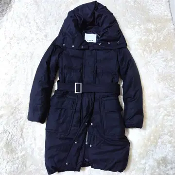 플라스테 다운 코트 롱 기장 블랙 후드 벨트 포함