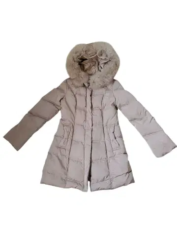 베이지 후드 부착 롱 다운 자켓