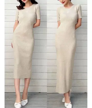 자수 라메 니트 원피스 베이지