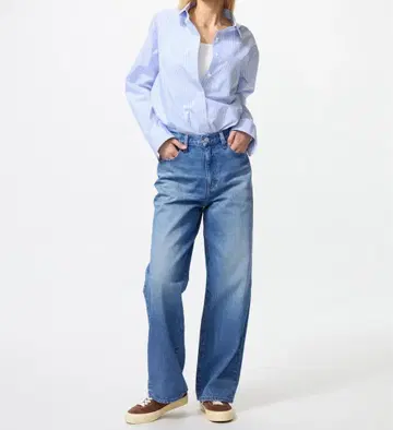 유니클로 와이드 스트레이트 청바지 64BLUE 사이즈 22 기장 표준