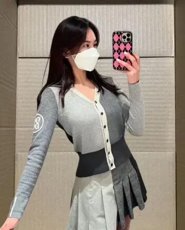 G/FORE 골프 여자 필수템 그레이 x 화이트 가디건 슬림 디자인
