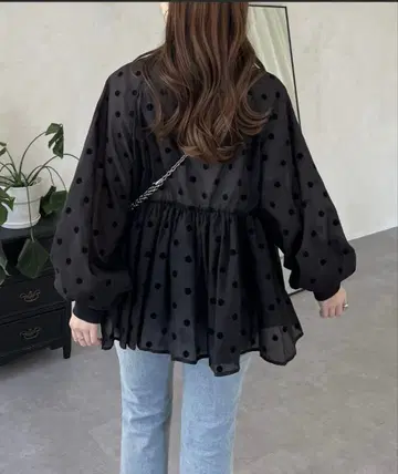 프로즈베일 시어 도트 개더 페플럼 블루종 L 사이즈