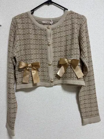 리본 포함 베이지 니트 가디건