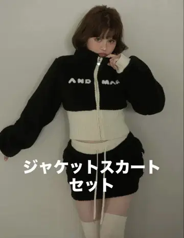 andmary Fluffy zip up jacket mini skirt
