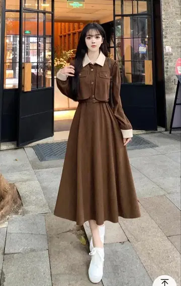 긴팔 원피스 벨트 포함 브라운