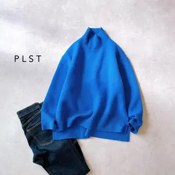 플라스테 울 플레이팅 터틀넥 스웨터 선명한 블루 루즈핏