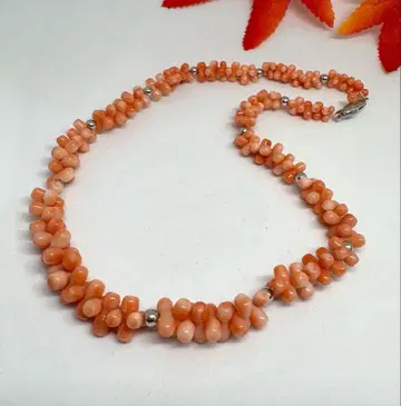 11042 천연 코랄 비즈 목걸이 오렌지 실버 약 40cm
