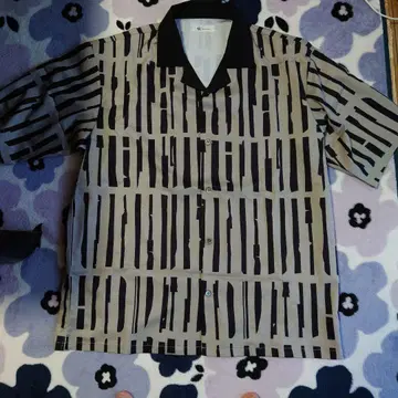 TAKEO.KIKUCHI 스트라이프 패턴 반팔 하와이안 셔츠 베이지 블랙