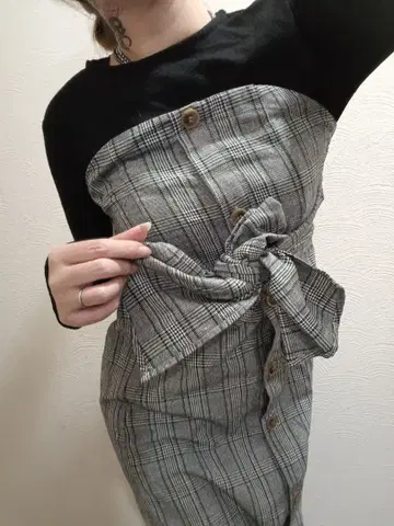 레이어드 스타일 체크 무늬 롱 원피스 긴팔 리본 포함