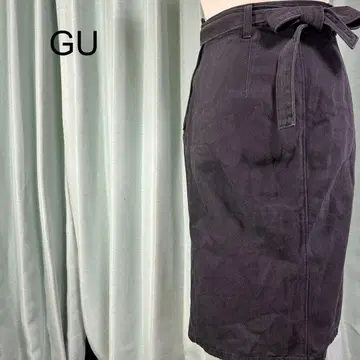 지유 블랙 데님 롱 스커트 벨트 포함 심플 캐주얼