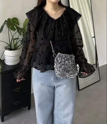 프로즈베일 벌룬 프릴 옷깃 시어 도트 페플럼 블라우스 L 사이즈