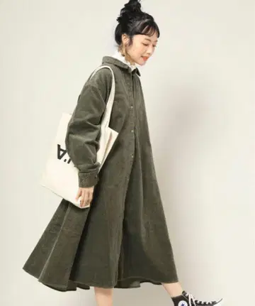 프릭스스토어 코듀로이 셔츠 원피스 카키