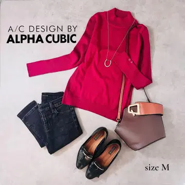 ALPHA CUBIC 하이넥 니트 핑크 라메 혼방 M 사이즈 여성용
