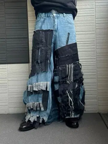 입체 프린지 변형 리메이크 데님 비대칭 와이드 팬츠