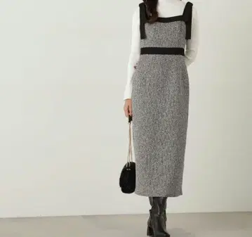 프로포션 바디 드레싱 트위드 숄더 리본 원피스 그레이