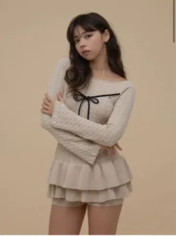 andmary Milky frill mini dress beige