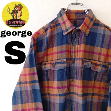 USA 구제 의류 george 플란넬 셔츠 S 오렌지 네이비 체크