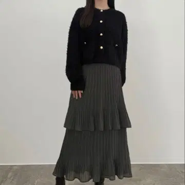 CENEA 골드 버튼 샤기 니트 가디건 + 플리츠 스커트 set