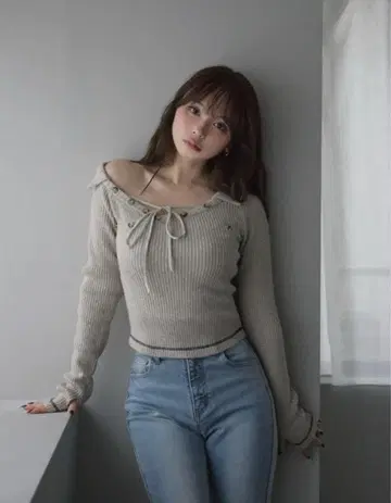 andmary Anita 버튼 니트 탑 베이지