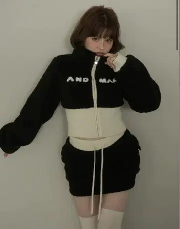 andmary Fluffy zip up jacket&skirt black