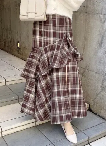 체크 무늬 백 레이스업 아지메 슬릿 스커트