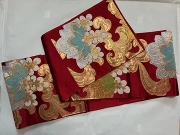 빨간색 바탕 금은채 오동나무 문양 후쿠로 오비 레트로 성인식 호몬기