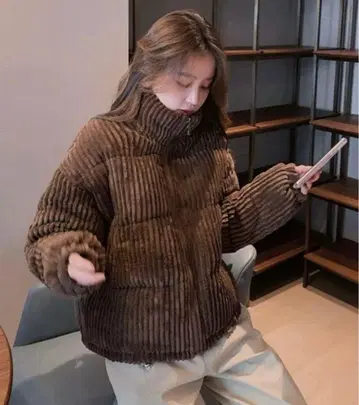 LAC-VERT 코듀로이/인조 가죽 다운 브라운 코듀로이 점퍼