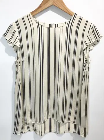 Ballsey 실크 100% 스트라이프 패턴 프렌치 슬리브 블라우스