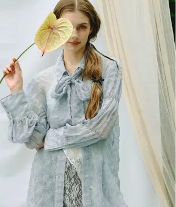 loin nuit 시어 격자 무늬 리본 셔츠