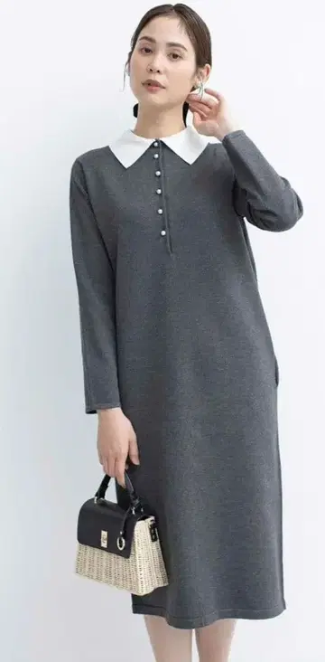 쿠미쿄쿠 카라 부착 니트 원피스 전후 착용 가능 그레이