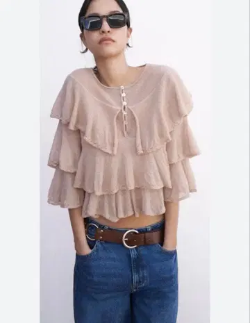 ZARA 프릴 장식 니트 스웨터 반팔 로즈