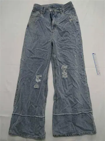 모코아즈 데미지 와이드 데님 팬츠 M 사이즈 여성용 라이트 블루 계열