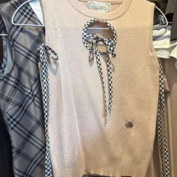 미셸 마카롱 깅엄 체크 리본 니트탑 핑크