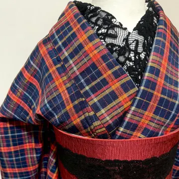 기모노 이중 기모노 체크  블루 오렌지 격자