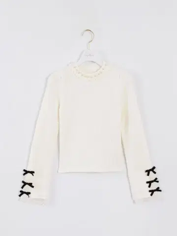 evelyn 소매 리본 리브 니트 화이트