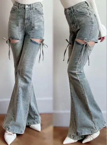 RESEXXY 컷 아웃 리본 데님 팬츠 아이스 블루 S