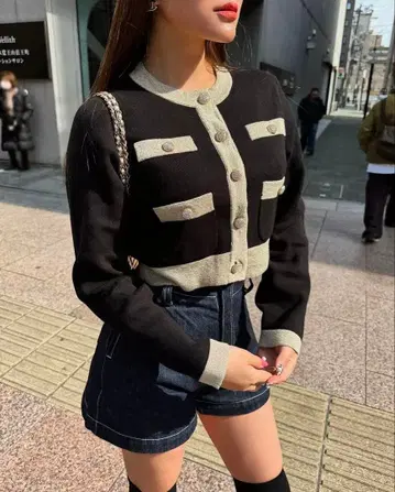 sheller 비쥬 버튼 바이컬러 가디건