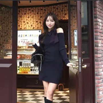 [ Darich ] 체크 리본 원숄 니트 미니 원피스