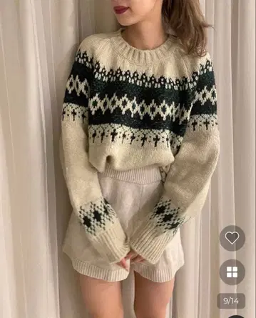 노르딕 무늬 긴팔 니트 스웨터 베이지 그린