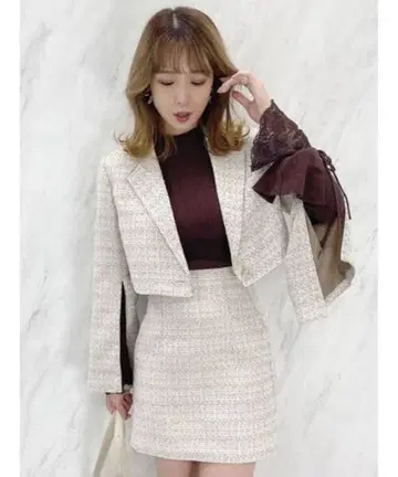 트위드풍 크롭 자켓 & 타이트 스커트 셋업