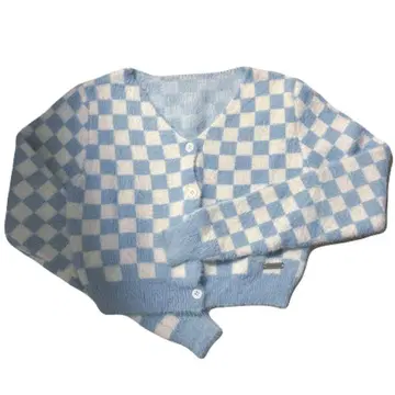 스카이블루와 화이트 체크 무늬 V넥 니트 가디건