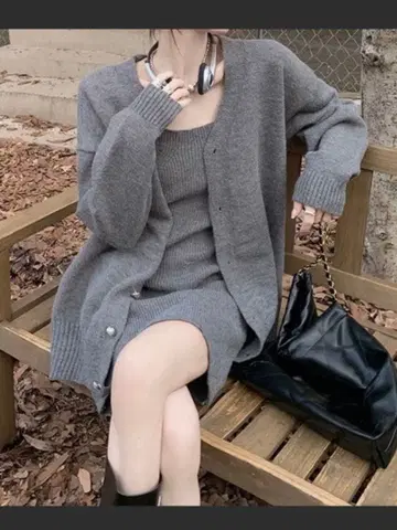 그레이 니트 가디건 니트 원피스 셋업 니트 원피스