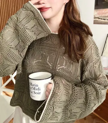 그린 스퀘어 패턴 시스루 니트 배색 피코 숏 니트 풀오버