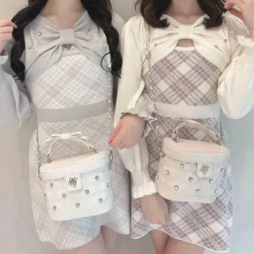 evelyn 에블린 긴팔 체크 리본 니트 OP 원피스 핑크