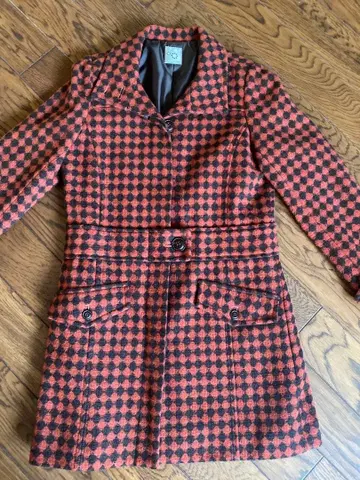 레트로 체크 couleur 울 혼방 코트 오렌지 x 브라운