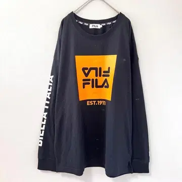 FILA 로고 프린트 티셔츠 남성용 긴팔 블랙 LL 라운드넥