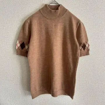 키이스 아가일 무늬 하이넥 반팔 니트 스웨터 M 얇은 소재 울 고급